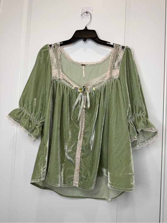 Free People Tops - Free People Sage Green Velvet Blouse with Lace Trim